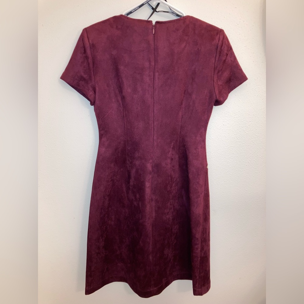 Calvin Klein Faux Suede Square Neck Asymmetrical Zip Short Sleeve Sheath Dress - Picture 14 of 15